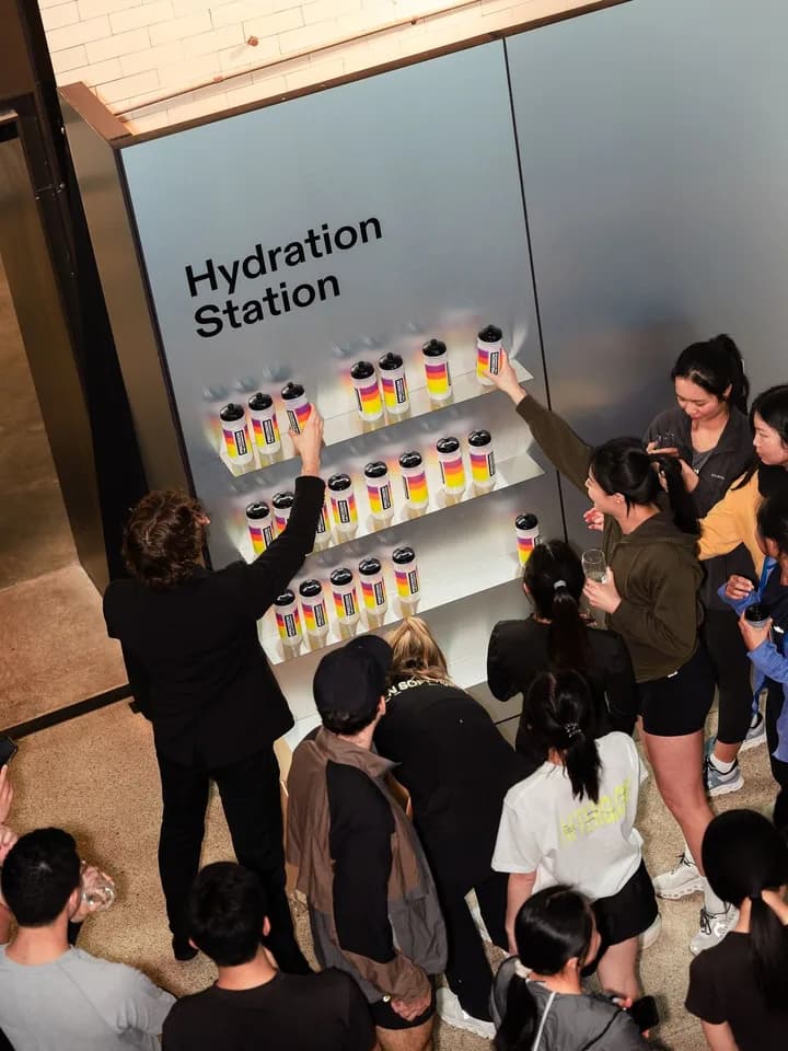 Guests reaching for bottles at a branded hydration station